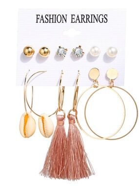 Fashion Earrings Set - Gold & Blush Tassel, Shell & Pearl Styles
